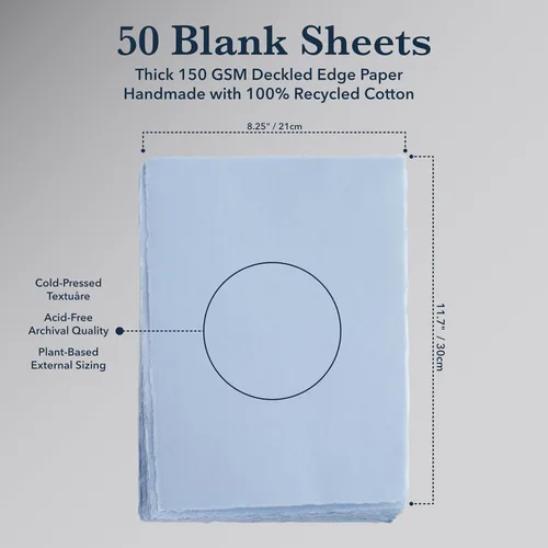 Miniatura 5 de Wanderings Papel azul A4 hecho a mano con borde deckled – 8.3 x 11.7 pulgadas, 150 GSM, 50 hojas de papel texturizado – perfecto para, dibujo