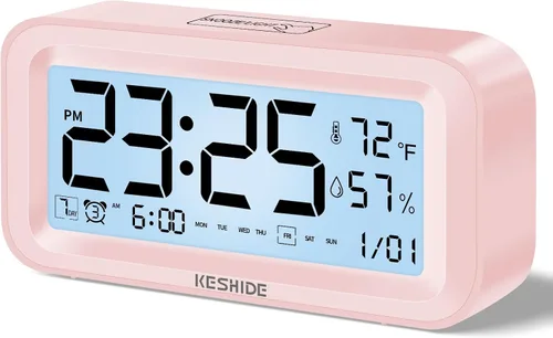 Miniatura 10 de Reloj despertador digital con luz nocturna, funciona con pilas, con temperatura interior y humedad, reloj pequeño de escritorio, modelo con función