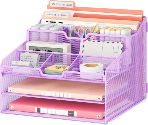 Miniatura 10 de Lavatino Organizador de escritorio, malla metálica con 2 bandejas de papel para cartas, 7 divisores flexibles, 2 soportes verticales para archivos