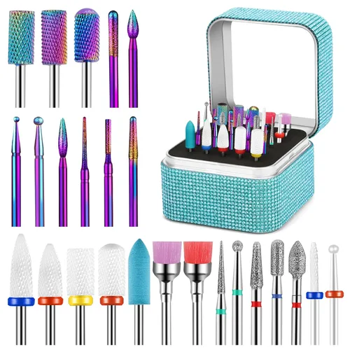Cellentool Juego de 25 brocas de uñas con caja de almacenamiento, brocas de carburo de diamante de cerámica de tungsteno de 3/32 pulgadas para