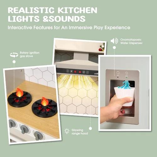 Miniatura 5 de Play Kitchen - Juego de cocina de juguete de madera para niños con luces y sonidos simulados, cocina de madera Montessori con fregadero, estufa