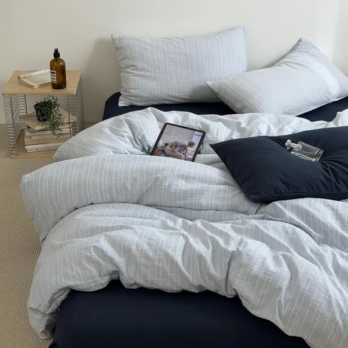 Miniatura 22 de AOJIM Blue & Brown Striped Duvet Cover Set Twin Size 100% Washed Cotton Stripe Bedding Set 3-Piece, Soft Zipper Comforter Cover and 2 Pillowcases