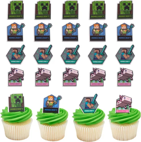 DecoPac Minecraft Lush Finds Rings, Decoraciones para cupcakes con Creeper, Alex, Steve y Axolotl! Adornos de pastel 3D multicolores y aptos para