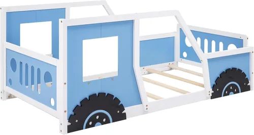 Miniatura 8 de SOFTSEA Cama de suelo tamaño individual con forma de automóvil con ruedas, marco de cama Montessori con valla y puerta para niños y niñas, soporte