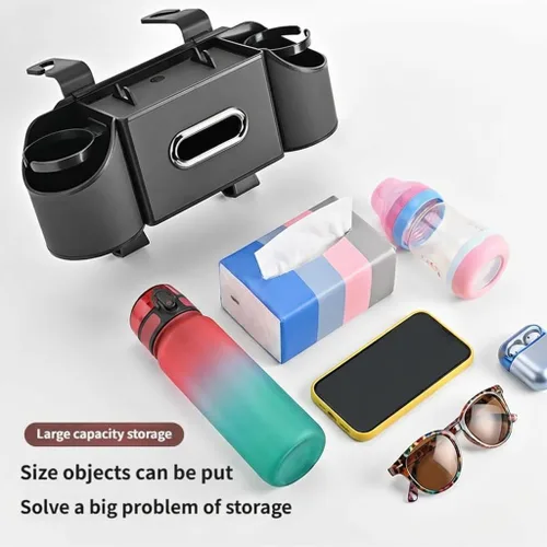 Miniatura 7 de Organizador de asiento trasero de automóvil, organizador de automóvil 4 en 1, asiento trasero con portavasos y caja de pañuelos, organizador de Negro