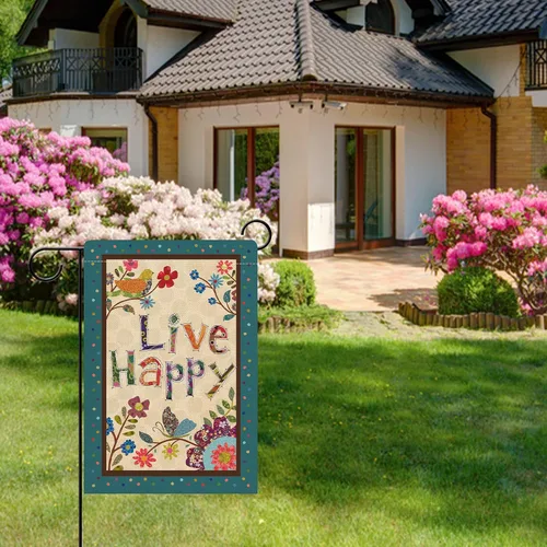Miniatura 7 de Hzppyz Live Happy - Bandera decorativa pequeña para jardín con flores, pájaro, primavera y verano, cita inspiradora para casa, patio, decoración