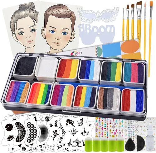 OPHIR Kit profesional de pintura facial para niños y adultos, 5.14 onzas, no tóxica, activada por agua, arco iris, pintura facial con plantillas,