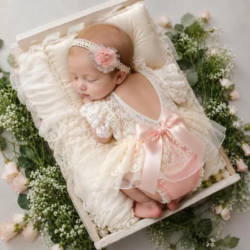 Miniatura 3 de ForBaysy Accesorios de Fotografía para Recién Nacidos Conjunto de Niña Mameluco de Encaje a Juego con Linda Diadema de Flores Vestido para Recién