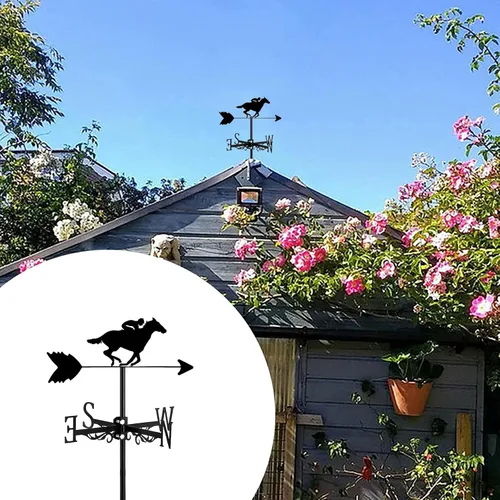 Miniatura 2 de Adorno de veleta negra con caballo Racer Rider, vaquero occidental y techo cruzado, indicador de dirección del viento para patio al aire libre