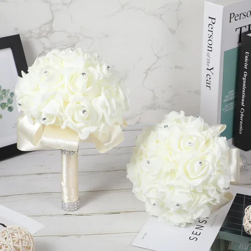 Miniatura 7 de Jutom Paquete de 10 ramos de boda para novia, rosas de dama de honor, ramo de novia, ramo de flores de boda con cintas suaves de diamante para Crema
