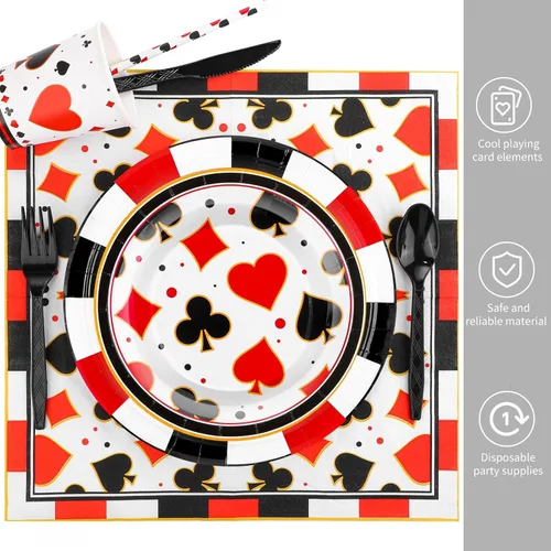 Miniatura 3 de durony Juego de vajilla de 147 piezas con temática de casino, incluye platos, servilletas, vasos, Staws y cubiertos para decoración de fiesta