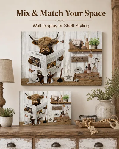 Miniatura 7 de Divertido arte de pared de baño de vaca de las tierras altas, rústico, color marrón, lindo animal, pintura, imagen, decoración de pared, ganado