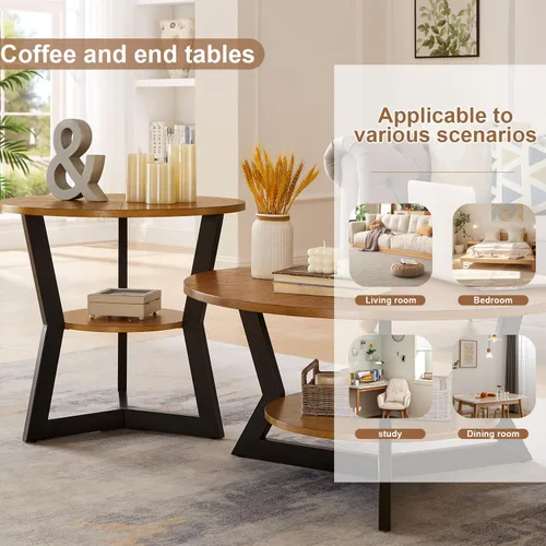 Miniatura 7 de Mesa auxiliar, mesa auxiliar redonda de madera para sala de estar con mesa de 2 niveles con estante de almacenamiento, diseño de soporte triangular