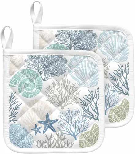 Soportes para ollas de cocina, color azul y verde azulado, con aislamiento térmico, diseño de estrellas de mar y playa de verano, modernas y