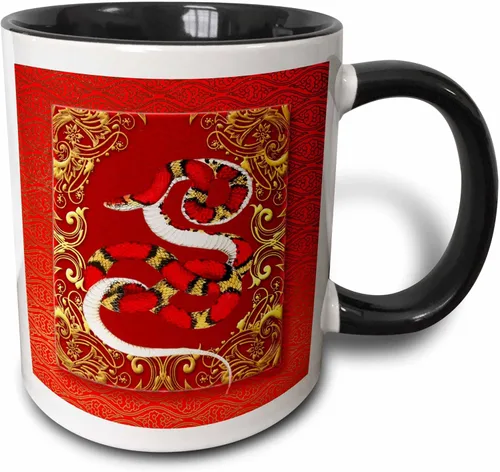 3dRose (mug_101845_4) Año del zodiaco chino Año de la serpiente Año Nuevo chino rojo, dorado y negro - Taza negra de dos tonos, 11 oz