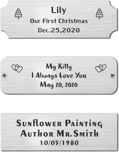 Miniatura 5 de 3" de ancho x 0.75" de alto, personalizadas, con grabado láser personalizado, etiquetas de nombres para armazones con imágenes, placas de acero