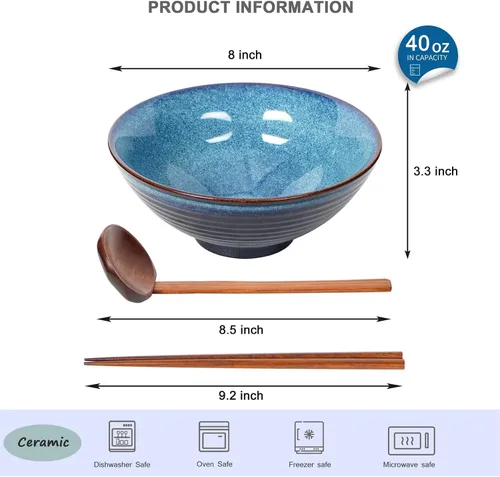Miniatura 4 de Juego de cuencos de cerámica japonesa de ramen con palillos, cuencos Pho de 8 pulgadas y 40 onzas y tazón de sopa asiático y cucharas para fideos