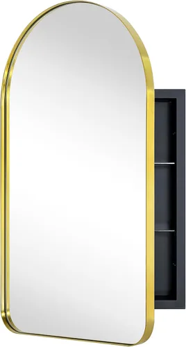 Miniatura 4 de Botiquín de baño empotrado en arco dorado cepillado con espejo de acero inoxidable con marco de metal rectangular con espejo de 16 x 28.3 pulgadas