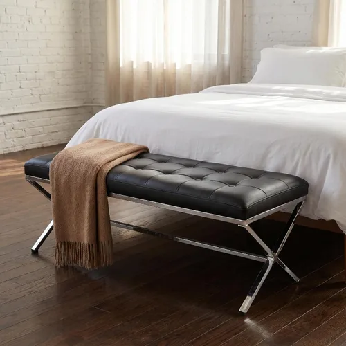 DUOMAY Moderno banco otomano copetudo, banco de comedor tapizado de piel sintética, reposapiés con botones y patas de metal, 45.75 pulgadas de ancho