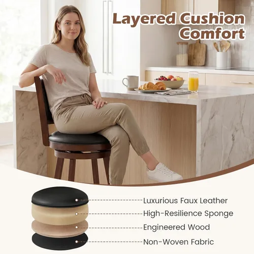 Miniatura 4 de COSTWAY Juego de 2 taburetes de bar, giratorios de 360 grados, taburete giratorio de madera con acento de altura, diseño tapizado de cuero, asiento
