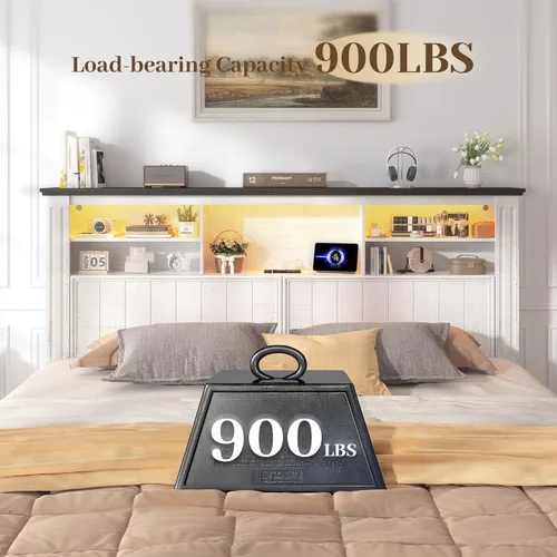 Miniatura 4 de EnHomee Base de cama Queen con cabecero y 4 cajones de almacenamiento, luces LED y puertos de carga, no necesita somier para apartamentos, sin