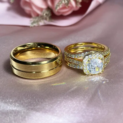 Miniatura 3 de Anillos a juego para parejas, anillos a juego de 1.8 quilates chapados en oro de circonita cúbica para mujer, conjuntos de anillos de boda para él