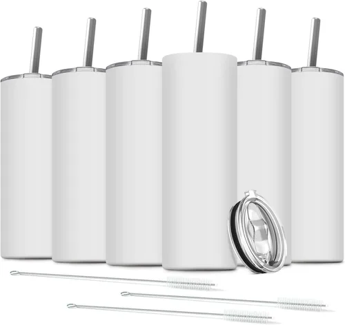Miniatura 15 de Paquete de 6 vasos delgados de acero inoxidable, vaso de agua de doble aislamiento de 20 onzas con 6 popotes y 3 cepillos, taza de viaje al vacío