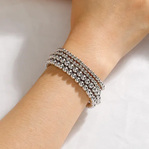 Miniatura 3 de Pulseras de cuentas de oro para mujer, juego apilable de bolas de cuentas, pulsera elástica elástica chapada en 14 quilates, joyería delicada