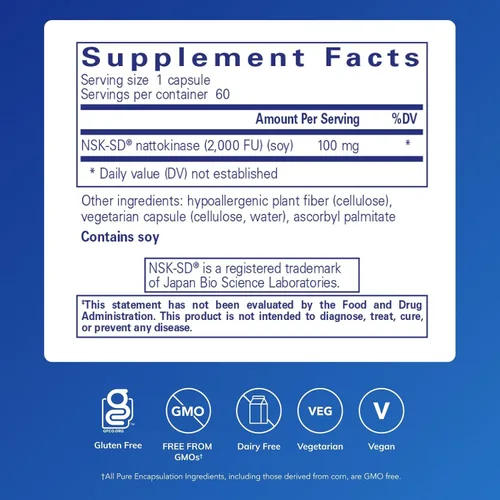 Miniatura 2 de Pure Encapsulations NSK-SD - 100 mg de Nattokinase - para la circulación sanguínea normal - Apoya la actividad fibrinolítica* - Sin gluten y sin OMG