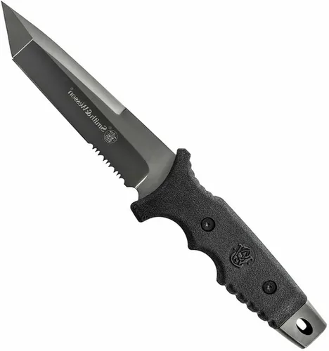 Smith & Wesson Cuchillo de hoja fija SS de alto carbono de 10.6 pulgadas con hoja Tanto de 5.2 pulgadas y mango TPE para exteriores, táctico,