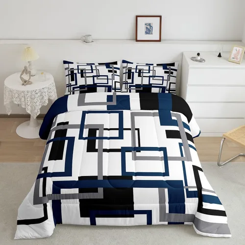 Erosebridal Edredón Cuadrado para Niños y Niñas, Juego de Ropa de Cama Negro y Gris Blanco Azul Marino, Juego de Edredón Geométrico Completo, Color: