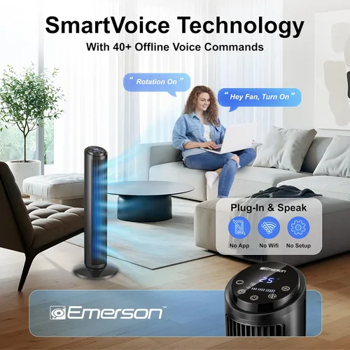 Miniatura 2 de Emerson SmartVoice - Ventilador de torre de 29 pulgadas, control de voz sin Wi-Fi, ventilador de torre inteligente para dormitorio, oscilación