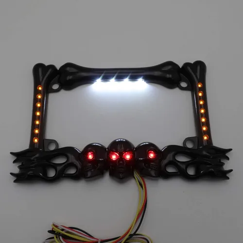 Miniatura 8 de MT294-006- 3D SKULL FLAME BONES NEGRO MOTOCICLETA PLACA MARCO Compatible con HARLEY-DAVIDSON Negro