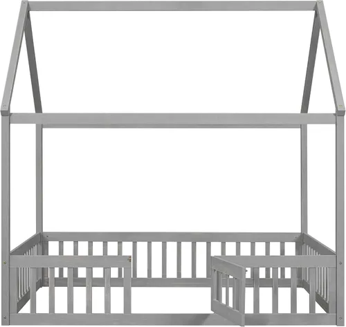Miniatura 5 de VilroCaz Cama de casa de tamaño matrimonial para niños, marco de cama Montessori de madera maciza con valla y puerta para niños y niñas, diseño