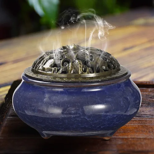 Miniatura 9 de Miupoo Quemador de incienso y soporte de incienso con soporte de palo de incienso de latón, atrapador de cenizas de cerámica (azul oscuro)