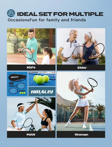 Miniatura 5 de HIRALIY Juego de raquetas de tenis de 27 pulgadas para adultos, raquetas de tenis preencordadas para 2 jugadores, 2 cintas de sobreagarre, 3 pelotas