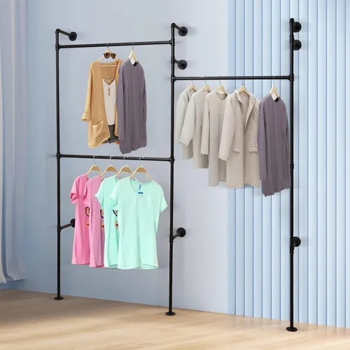 Miniatura 7 de Perchero de ropa de tubería industrial, 74.01 pulgadas montado en la pared industrial estante de ropa de tubería, estante de ropa montado