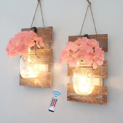 Decoración de Pared Rústica, Decoración Colgante para Pared, Juego de Dos Apliques de Pared de Granja con Luces LED de Hadas y Flores Rosas,