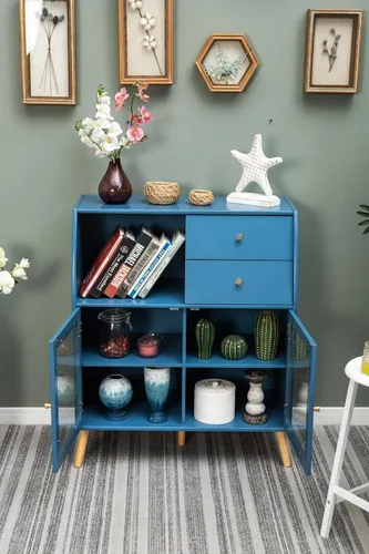 Miniatura 6 de Sophia & William Armario de almacenamiento azul, armario aparador con puertas y cajones de cristal, gabinete de acento de cocina para sala de estar