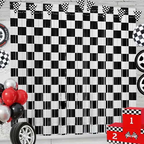 Decoraciones de cumpleaños de coches, 2 cortinas de flecos de aluminio de carreras y 1 paquete de pancarta de bandera a cuadros para accesorios de