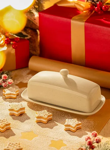 Miniatura 3 de Sweese Mantequillera con tapa, manteca de porcelana, soporte para mantequilla de 7.8 pulgadas con cubierta de asa, recipiente de mantequilla Beige