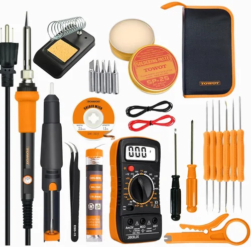 Miniatura 14 de Kit de soldadura TOWOT, soldador electrónico de 60 W con temperatura ajustable, bomba desoldadora, alambre de estaño, mecha de soldadura, pinzas