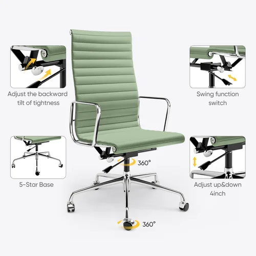 Miniatura 7 de Silla de oficina acanalada con cuero de grano superior, silla de escritorio ergonómica de respaldo alto con reposabrazos de aluminio y base de 5