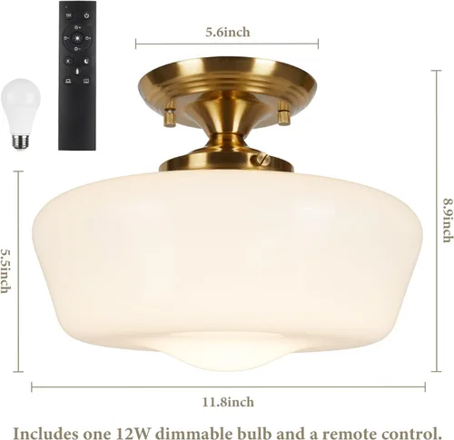 Miniatura 2 de Lámpara de techo estilo casa escolar semiempotrada con bombilla regulable y control remoto, lámpara de techo moderna dorada de 12" con pantalla