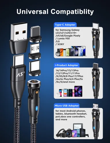 Miniatura 7 de Cable de carga magnético de rotación 540 de 100 W, 3.3 pies/6 pies, paquete de 2 unidades, cable USB C a USB C, cable de carga magnética, cable