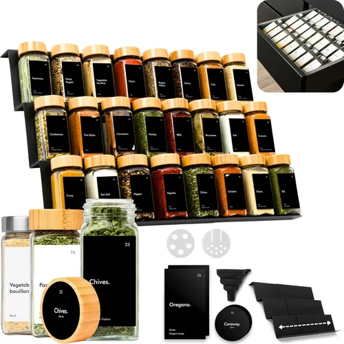 KIVY Organizador de especias de cajón + 24 tarros y 240 etiquetas, estante de condimentos para organización, inserto de cajón de cocina para tarros