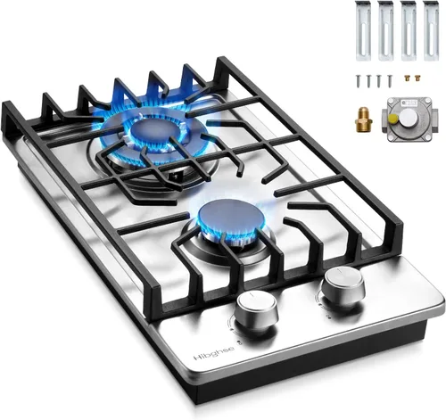 Estufa de 2 quemadores de propano, Hibghse 30 cm de cocina de gas incorporada con estufa de gas NG/LPG convertible de acero inoxidable con