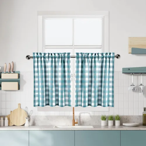 Miniatura 20 de Cortinas de Cocina Estilo Granja de Cuadros Vichy Blanco y Negro de 24 Pulgadas de Largo, Cortinas de Café de Media Ventana de Cuadros Buffalo