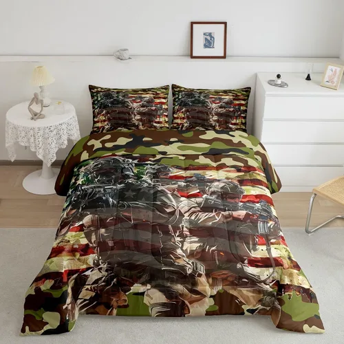 Miniatura 9 de Feelyou Juego de edredón de camuflaje del ejército con bandera estadounidense, decoración militar, camuflaje verde selva, bandera de Estados Unidos
