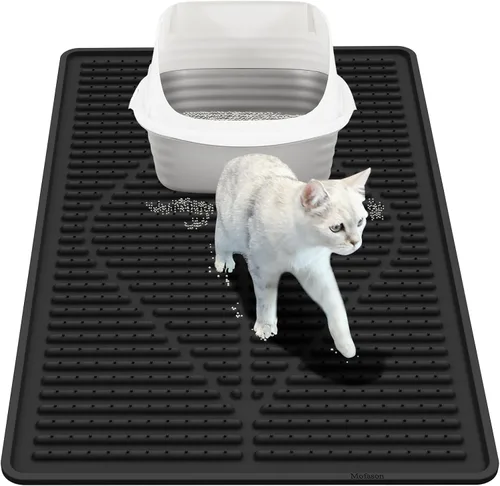 Mofason Tapete de goma para arena para gatos, tapete para caja de arena para gatitos, tapete de silicona para atrapar arena, suministros y Negro